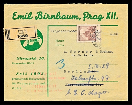 Item no. P3090 (cover)
Type: cover
Country: Czechoslovakia
Date of use: 2 August 1941
Business stationery (cover of a registered letter) used by the company EMIL BIRNBAUM in Prague (Praha, Czechoslovakia), manufacturer of cameras (some of them on own patents), accessories and optical grinding factory. The company was founded in 1903, and from 1917 was based in Rumburk. In 1938, as a result of the annexation of the Czech border areas to the German Reich, he moved his plants to Prague, where he already had his photo shop.
Item no. P3090 (cover).jpg