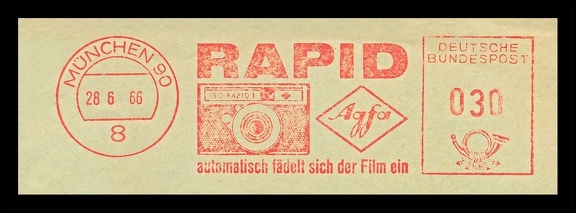 Item no. M619 (meter)
Type: frankmark
Country: Germany
Date of use: 28 June 1966
Red meter advertising viewfinder fix-focus camera AGFA ISO-RAPID.
Item no. M619 (meter).jpg