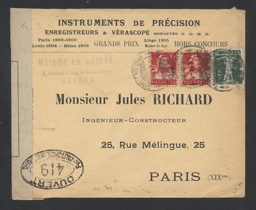 Item no. P1316 (cover)
Type: cover
Country: Switzerland
Date of use: 1916
Business stationery (cover, with military censorship marks used during WW I) used by the company Instruments de Précision JULES RICHARD (branch in Switzerland). The letter was addressed to the headquarters in Paris (France). JULES RICHARD (1848 – 1930), manufacturer of stereoscopic cameras (e.g. Vérascope and Glyphoscope), and various scientific instruments. In 1923 he founded private Technical College in Paris (Lycée Technologique privé), where trained were also future workers for his factory. xxxxm Helvetia cover RICHARD.jpg