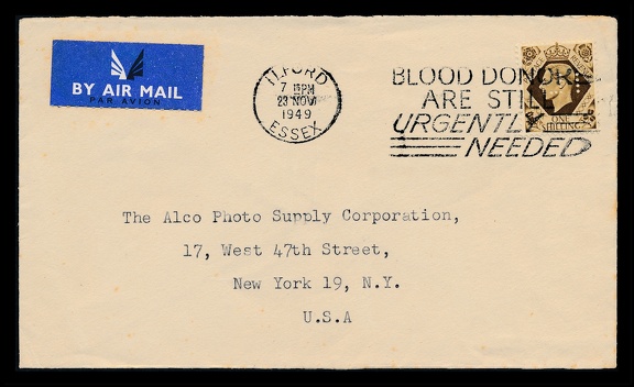 Item no. P3197a (cover)
Type: cover
Country: Great Britain
Date of use: 23 November 1949
Business stationery (cover, front of) used by the company ILFORD LIMITED in Ilford (London, Great Britain), manufacturer of photographic films and chemicals. The letter was used for international correspondence (to USA). The name of the company forms a relief embossed at the back of the cover. The postage stamp used is a perfin i.e. stamp bearing small round holes punched to form pattern of the company name's acronym IL (reversed).
Item no. P3197a (cover).jpg