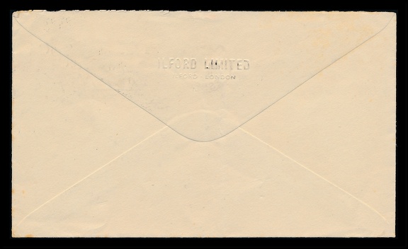 Item no. P3197b (cover)
Type: cover
Country: Great Britain
Date of use: 23 November 1949
Business stationery (cover, back of) used by the company ILFORD LIMITED in Ilford (London, Great Britain), manufacturer of photographic films and chemicals. The letter was used for international correspondence (to USA). The name of the company forms a relief embossed at the back of the cover.
Item no. P3197b (cover).jpg