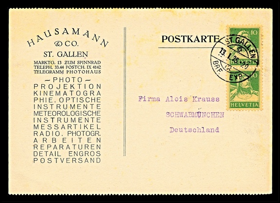 Item no. P3286a (postcard)
Type: cover
Country: Switzerland
Date of use: 13 January 1926
Business stationery (postcard, front of) used by the company HAUSMANN & Co. in St. Gallen (Switzerland), wholesale/retail and mail order dealer with photographic equipment and materials (also repair shop and processing laboratory), optical and meteorological instruments, projection apparatus, radios etc. The company still exists today.
Item no. P3286a (postcard).jpg