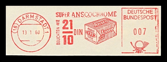 Item no. M637 (meter)
Type: frankmark
Country: Germany
Date of use: 13 January 1960
Red meter advertising SUPER ANSCOCHROME color film produced by the company ANSCO in Binghamton (New York, USA), manufacturer of photographic materials and cameras.
Item no. M637 (meter).jpg