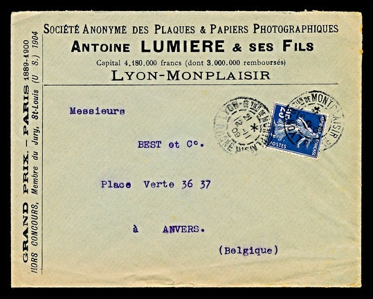 Item no. P3320 (postcard)
Type: cover
Country: France
Date of use: 12 November 1909
Business stationery (cover) used by the company ANTOINE LUMIERE & ses Fils Société Anonymé des Plaques & Papiers Photographiques in Lyon-Monplaisir (France), manufacturer of photographic plates and papers. CLAUDE-ANTOINE LUMIÈRE (1840 – 1911) employed his sons Auguste and Louis Lumière, who in 1893 have taken over the company. They performed their own experiments with cinematography and photography, and in 1907 introduced the first commercially successful color photographic material and relevant process AUTOCHROME.
Item no. P3320 (cover).jpg