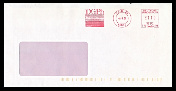 Item no. P3434a (cover)
Type: cover
Country: Germany
Date of use: 8 June 2001
Business stationery (cover, front of, with red advertising meter) used by the organization DGPh (Deutsche Gesellschaft für Photographie e.V.) [ German Society for Photography in Cologne (Köln, Germany). The Society is committed to the interests of photography and related visual media in cultural contexts. The activities of the society are aimed at the diverse areas of application of photography in art, science, education, journalism, business and politics.
Item no. P3434a (cover).jpg