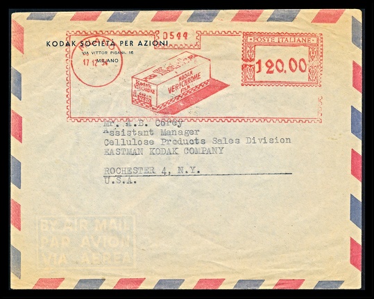 Item no. P3440 (cover)
Type: cover
Country: Italy
Date of use: 17 December 1954
Business stationery (cover, with red advertising meter used by the company KODAK Societa per Azioni in Milan (Milano, Italy), one of Kodak sales offices in the country. The red meter advertises the Kodak Verichrome, a medium speed, fine grain, panchromatic film.
Item no. P3440 (cover).jpg