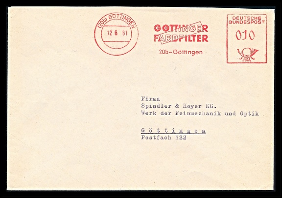 Item no. M644 (meter)
Type: frankmark
Country: Germany
Date of use: 12 June 1961
Red meter on cover used by the company GÖTTINGER FARBFILTER in Göttingen (Germany), manufacturer of various filters for photographic purposes.
Item no. M644 (meter).jpg