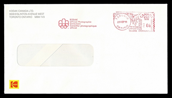 Item no. P3439 (cover)
Type: cover
Country: Canada
Date of use: 28 August 1975
Business stationery (cover, with advertising red meter) used by the company KODAK Canada Ltd. in Toronto (Ontario, Canada), sales representative of the US company Eastman Kodak Co. in Rochester (New York, USA). The red meter’s slogan advertises the Kodak’s role as an official photographic consultant at the Olympic Games.
Item no. P3439 (cover).jpg