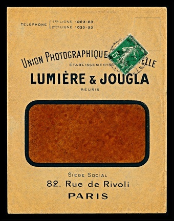 Item no. P3490 (cover)
Type: cover
Country: France
Date of use: 1913
Business stationery (cover) used by the chemical company UNION PHOTOGRAPHIQUE INDUSTRIELLE (Etablissements Lumière & Jougla Réunis) in Paris (France). The company manufactured materials and chemicals for photography – plates, papers and especially materials for the first commercially successful method of color photography – Autochrome (this material was successfully introduced to the market in 1907).
Item no. P3490 (cover).jpg