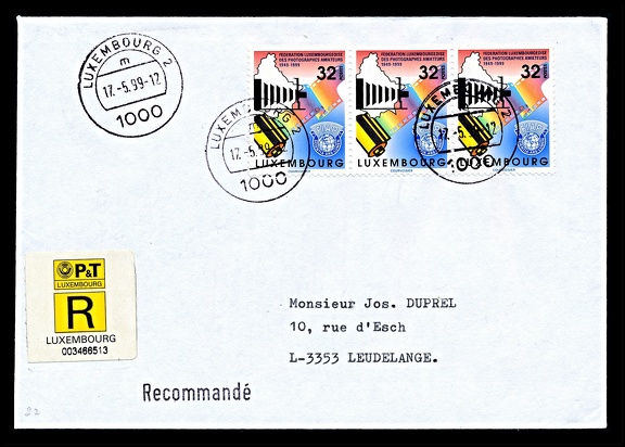 Item no. P3493 (cover)
Type: cover
Country: Luxembourg
Date of use: 17 May 1999
Cover of a registered letter with 3 stamps commemorating the 50th anniversary of Luxembourg Federation of Amateur Photographers, member of FIAP. It shows graphic representation of an old bellows camera with outline of a map of Luxembourg in the background, a cassette with 35 mm film and a FFIAP emblem.
Item no. P3493 (cover).jpg