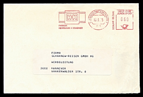 Item no. M664 (meter)
Type: frankmark
Country: Germany
Date of use: 18 June 1975
Meter on cover advertising the company H+K Farbdia HERRMANN & KRAEMER in Partenkirchen. At the end of 1948 Felix A. Herrmann and Gert Kraemer made the decision to do something together after the terrible years of war. Beginning with the service of producing color diapositives (pinatype method) for advertising purposes, they in time built name in color and halftone microfilming.
Item no. M664 (meter).jpg
