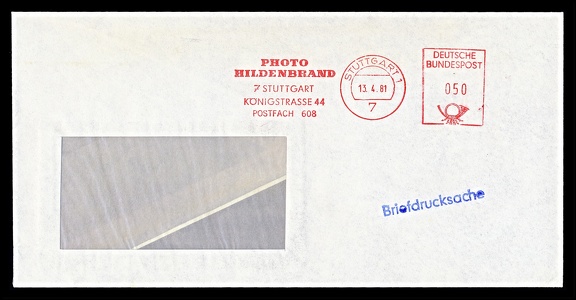 Item no. M665 (meter)
Type: frankmark
Country: Germany
Date of use: 13 April 1981
Meter on cover advertising the company PHOTO HILDENBRAND in Stuttgart (Germany), photographic studio. The studio was founded in 1894 by Hans Hildenbrand (1870 – 1957). Later on he received the title of court photographer. He was one of the first German photographers who worked with autochrome plates (1909); this makes him one of the early color photographers in Germany. In 1911 he founded the Color Photographic Society, which primarily distributed postcards and stereoscopic images. The series of stereoscopes that were marketed together with the corresponding device were sold under the name Chromoplast”. The Photo Hildenbrand studio existed until 1997.
Item no. M665 (meter).jpg