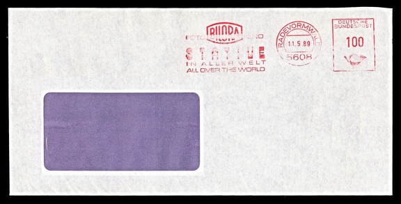 Item no. M679 (meter)
Type: frankmark
Country: Germany
Date of use: 11 May 1989
Red meter on cover (from Radevormwald, Germany) advertising the company BILORA, a company founded in 1909 by Wilhelm Kürbi and Carl Niggeloh. Since 1935 (up to 1975) the company manufactured cameras ( e. g. Bilora Box, Luxus Boy, Bilora Bella, Bilomatic CA, Bonita 66). It continues production of accessories for photography and cinematography – photographic tripods, bags, studio flash lighting etc.).
Item no. M679 (meter).jpg