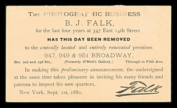 Item no. AP162b (ad postcard)
Type: cover
Country: USA
Date of use: 1 September 1881
Advertising postcard (unused postcard, back of) used by the company The Photographic Business B. J. FALK, photographic studio in Broadway (New York, USA). Benjamin J. Falk (1853 – 1925) In 1903 he briefly experimented with stereographic portraits, then performed stage photography, but his standard issue was a platinum print portrait, on buff paper for home or office display. His studio was open until 11 p.m. as he was one of the first to use electrical studio lighting (also arc light). The light rig consisted of an umbrella frame, about four feet in diameter, with a white silk roof. Around the inside of the frame were arranged twenty-one lamps of 100 candle-power each, with a larger lamp of 150 candle-power.
Item no. AP162b (ad postcard).jpg