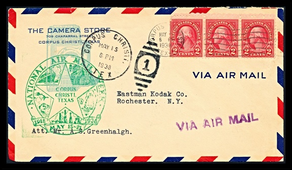 Item no. P3846 (cover)
Type: cover
Country: USA
Date of use: 15 May 1938
Business stationery (cover) used by the CAMERA STORE in Corpus Christi (Texas, USA). The letter was addressed to the Eastman Kodak Co. in Rochester.
Item no. P3846 (cover).jpg