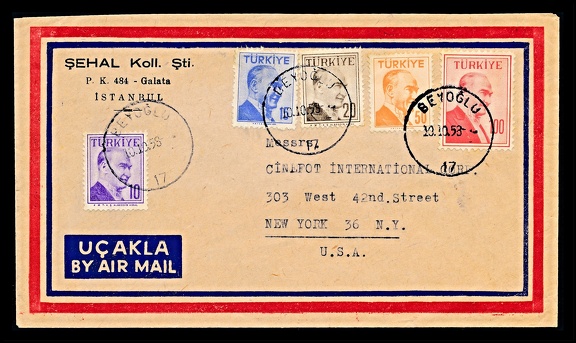 Item no. P3867 (cover)
Type: cover
Country: Turkey
Date of use: 10 October 1958
Business stationery (cover) used by the company ŞEHAL Koll. ŞTI of Istanbul (Turkey). The letter was addressed to the company Cinefot Intl. Corp. in New York (N. Y., USA), wholesale dealer with photo & cine equipment and materials.
Item no. P3867 (cover).jpg