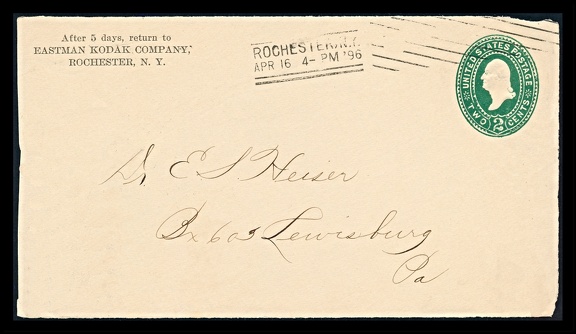 Item no. P3913 (cover)
Type: cover
Country: USA
Date of issue: 16 April 1896
Business stationery (cover, front part of) used by the company EASTMAN KODAK Co. in Rochester (New York, USA), manufacturer of photographic materials (plates, films, papers, chemicals) and cameras.
Item no. P3913 (cover).jpg