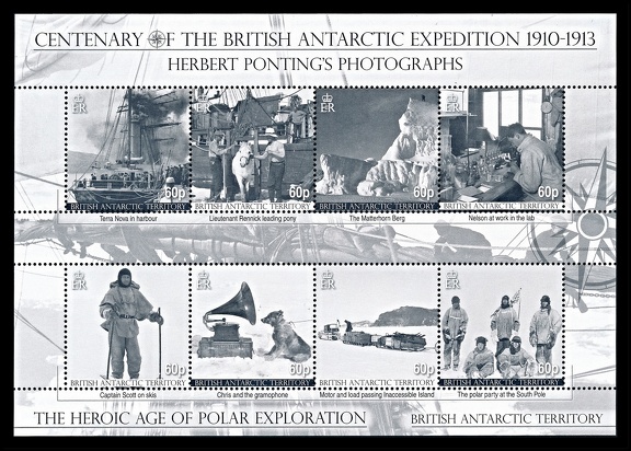 Item no. S809 (stamp)
Type: stamp
Country: British Antarctic Territory (BAT)
Date of issue: 3 December 2010
Set of 8 stamps (II) issued to honor the centenary of the British Antarctic Expedition of 1910 -1913. The stamps present photographs taken during the expedition by HERBERT PONTING (1870 – 1935), professional photographer and cinematographer best known as the expedition photographer for Robert Falcon Scott’s Terra Nova Expedition to the Ross Sea and to North Pole.
Item no. S809 (stamp).jpg