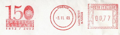 Item no. M144 (meter)
Type: frankmark
Country: Italy
Date of use: 3 November 2003
Meter commemorating 150th anniversary of the world's oldest photographic company FRATELLI ALINARI in Firenze (Florence, Italy).
The company was founded by Leopoldo Alinari and his brothers – Giuseppe and Romualdo in 1852.
The company is still active in the field of photography, image and communication.
Item_no._m144__meter_.jpg