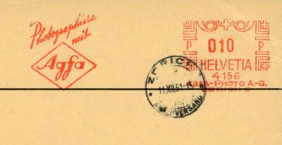 Item no. M21 (meter)
Type: frankmark
Country: Switzerland
Date of use: December 1951
Meter advertising the company Agfa.
Item_no._m21__meter_.jpg