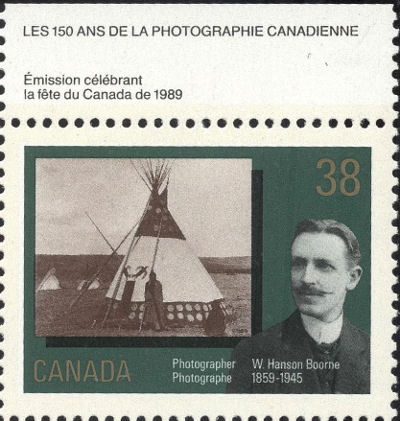 Item no. S119 (stamp)
Type: stamp
Country: Canada
Date of issue: 23 June 1989
Catalog number: Scott 1238 (of 1237 – 1240)
Stamp, of 4-stamp set 150 Years of Canadian Photography , honoring W. HANSON BOORNE (1859 – 1945), Canadian photographer. It shows portrait of W. H. Boorne and reproduction of one of his works.
Item_no._s119__stamp_.jpg