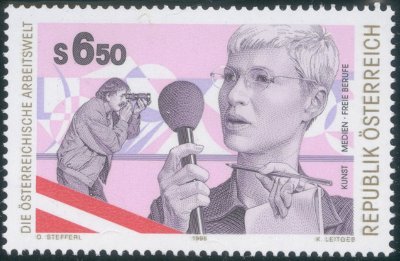Item no. S36 (stamp)
Type: stamp
Country: Austria
Date of issue: 6 November 1998
Catalog number: Scott 1773
Stamp honoring Austrian working environment (single stamp). It shows two persons – reporter holding a microphone, a pencil and a notepad, and a photographer with a camera in the background.
Item_no._s36__stamp_.jpg