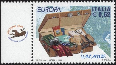 Item no. S65 (stamp)
Type: stamp
Country: Italy
Date of issue: 7 May 2004
Catalog number: Scott 2605 (of 2604-2605)
Stamp EUROPA presenting an open suitcase with a tourist's vacation outfit that includes a camera.
Part of a 2-stamp set. The other stamp shows closed suitcase.
Item_no._s65__stamp_.jpg