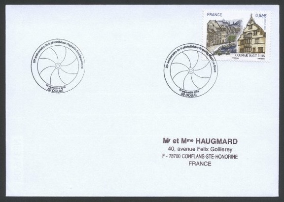 Item no. C105 (cancel)
Type: cancel
Country: France
Date of use: 16 September 2010
Cancel (on cover) commemorating the 20th anniversary of creating photographic archive of works of AUGUSTIN BOUTIQUE-GRARD, amateur photographer whose photographs taken during 20 years of his journeys throughout France have great historical and ethnographical value. The collection od his photographs is kept in the museum in Douai.
Item_no._c105__cancel_.jpg