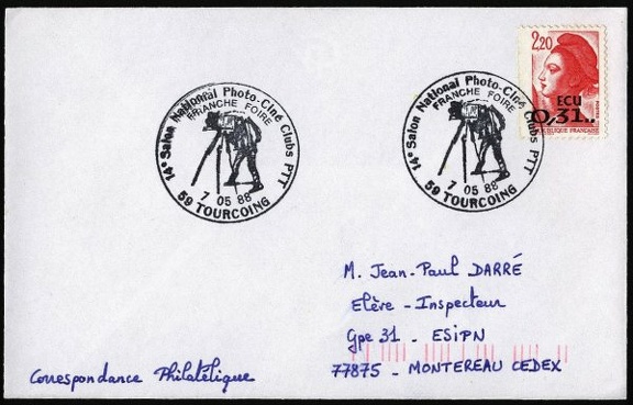 Item no. C106 (cancel)
Type: cancel
Country: France
Date of use: 7 May 1988
Cancel commemorating 14th National Salon of Film and Photography
of PTT Clubs in Tourcoing (France).
Item_no._c106__cancel_.jpg