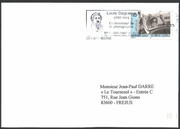 Item no. C16 (cancel)
Type: cancel
Country: France
Date of use: October 2004
Cancel commemorating Louis Daguerre (1787 - 1851), co-inventor of photography.
Item_no._c16__cancel_.jpg
