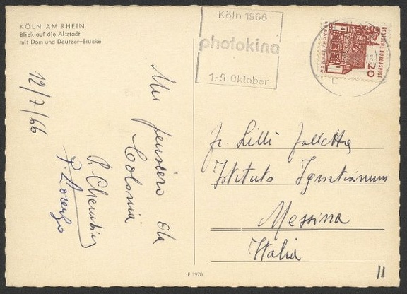 Item no. C6 (cancel)
Type: cancel
Country: Germany (West)
Date of use: 12 July 1966
Cancel on postcard advertising the World Photographic Fair PHOTOKINA in Köln (Germany).
Item_no._c6__cancel_.jpg