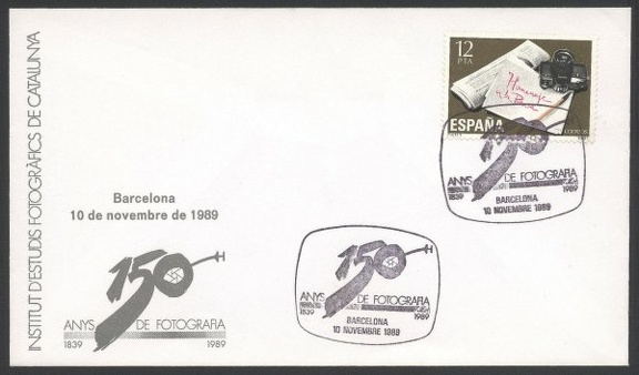 Item no. C110 (cancel)
Type: cancel
Country: Spain
Date of use: 10 November 1989
Special cancel (CTO) on cover used by Institut d'Estudis Fotografics de Cataluna. The cancel commemorates the 150th Anniversary of Photography. Item_no._c110__cancel_.jpg