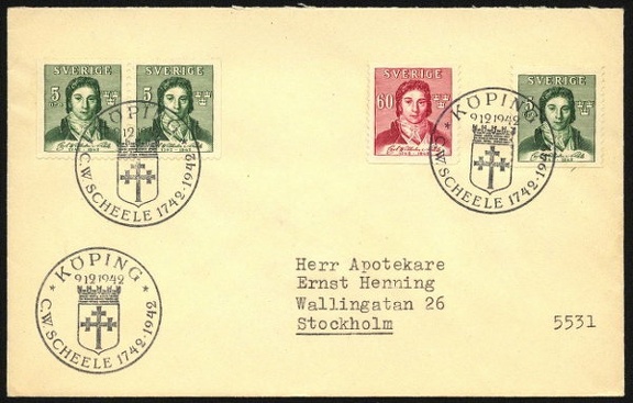 Item no. C71 (cancel)
Type: cancel
Country: Sweden
Date of issue: 9 December 1942
Cancel on cover commemorating 200th anniversary of birth of CARL WILHELM SCHEELE (1742 – 1786), Swedish chemist and pharmacist. He discovered several chemical elements and compounds and the effect of light on silver compounds, the basis of photography.
The item is kind of FDC as the official date of issue of the stamps and use of the cancel are the same - 9 December 1942.
Item_no._c71__cancel_.jpg