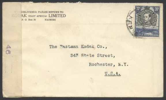 Type: cover
Country: Kanya
Date of use: c1945
Business stationery (cover with military censorship mark used during WW II, front of) used by KODAK (East Africa) LIMITED in Nairobi (Kenya).
Item no. P303a (cover) Item_no._p303a__cover_.jpg