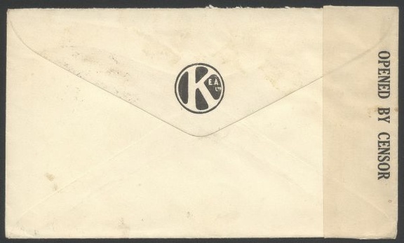 Type: cover
Country: Kanya
Date of use: c1945
Business stationery (cover with military censorship mark used during WW II, back of) used by KODAK (East Africa) LIMITED in Nairobi (Kenya).
Item no. P303a (cover) Item_no._p303b__cover_.jpg