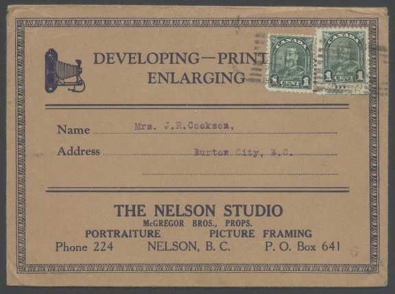 Item no. P307a (cover)
Country: Canada
Date of use: 1935
Business stationery (cover/mailer, front of) used by THE NELSON STUDIO in Nelson B. C. (Canada).
Item_no._p307-a__cover_.jpg