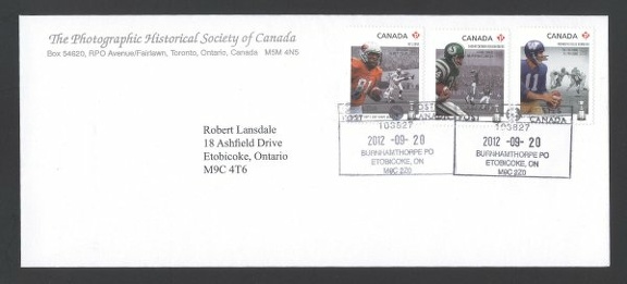 Item no. P529 (cover)
Country: Canada
Date of use: 20 September 2012
Business stationery (cover) used by the PHOTOGRAPHIC HISTORICAL SOCIETY OF CANADA in Toronto (Canada), addressed to Robert Lansdale, the Society’s official photographer and editor.
Item_no._p529__cover_.jpg