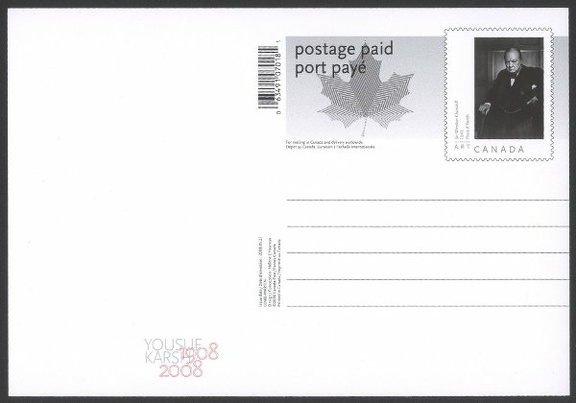 Item no. P70a (postcard)
Type: cover
Country: Canada
Date of issue: 21 May 2008
Postal card (front of) with engraved stamp, issued to commemorate the 100th anniversary of birth of Canadian photographer YOUSUF KARSH (1908 – 2002). The stamp’s design is based on the photograph taken by him in 1941 of Sir Winston Spencer Churchill (1874 – 1965), British Prime Minister.
Item_no._p70a__postcard_.jpg