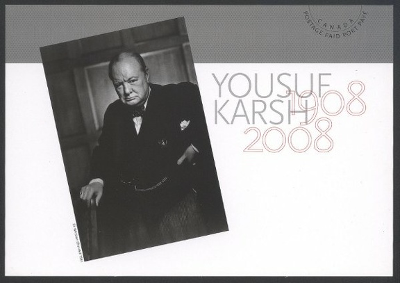 Item no. P70b (postcard)
Type: cover
Country: Canada
Date of issue: 21 May 2008
Postal card (back of) with engraved stamp, issued to commemorate the 100th anniversary of birth of Canadian photographer YOUSUF KARSH(1908 – 2002). It shows enlarged photograph that was a base for the stamp’s design (taken by him in 1941 of Sir Winston Spencer Churchill (1874 – 1965), British Prime Minister).
Item_no._p70b__postcard_.jpg