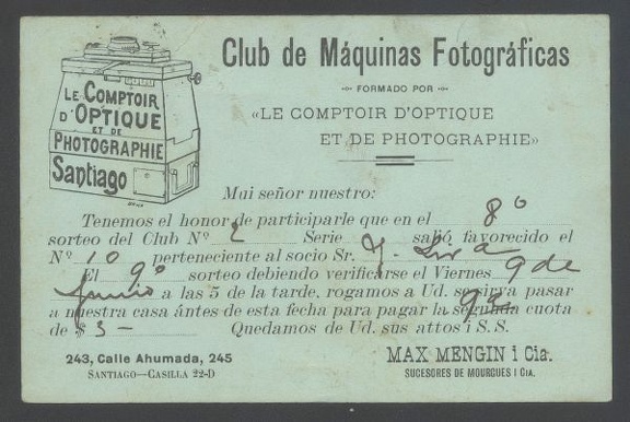 Item no. P350b (postcard)
Type: postcard (back of)
Country: Chile
Date of use: 1905
Business stationery (postcard, back of) used by CLUB DE MÁQUINAS FOTOGRÁFICAS (Le Comptoir d’Optique et de Photographie) in Santiago (Chile).
Item_no._p350b__postcard_.jpg