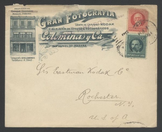 Item no. P315 (cover)
Type: cover
Country: Cuba
Date of use: 1914
Business stationery (cover) used by the great photographic store GRAN FOTOGRAFIA in Habana (Cuba), suppliers of Kodak cameras and other photographic accessories.
Item_no._p315__cover_.jpg
