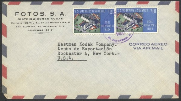 Item no. P222 (cover)
Type: cover
Country: El Salvador
Date of use: 14 February 1959
Business stationery (cover) used by the company FOTOS. S. A. Distribuidores Kodak, a dealer with photographic equipment and distributor of Kodak photographic products in San Salvador (El Salvador C. A.).
Item_no._p222__cover_.jpg