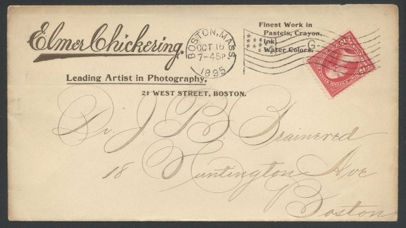Item no. P292a (cover)
Type: cover (front of)
Country: USA
Date of use: 16 October 1895
Business stationery (cover, front of) used by the studio ELMER CHICKERING Leading artist in photography in Boston (Massachusetts, USA).
Item_no._p292a__cover_.jpg