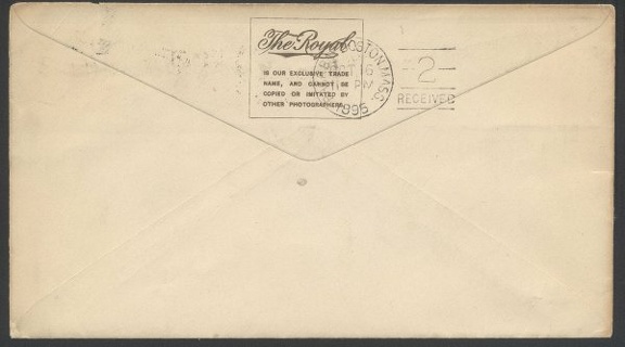 Item no. P292b (cover)
Type: cover (back of)
Country: USA
Date of use: 16 October 1895
Business stationery (cover, back of) used by the studio ELMER CHICKERING Leading artist in photography in Boston (Massachusetts, USA).
Item_no._p292b__cover_.jpg