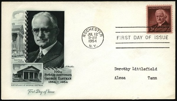 Item no. P24 (cover)
Type: cover
Country: USA
Date of use: 12 July 1954
First Day Cover with the stamp commemorating centenary of birth of the founder of Kodak Company, George EASTMAN (1854-1932).
Item_no._p24__cover_.jpg