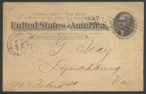 Item no. P274a (postcard)
Type: postcard (front of)
Country: USA
Date of use: 5 March 1897
Postal card (front and back of) adopted for business purposes by the EASTMAN KODAK COMPANY in Rochester (USA).
Item_no._p274a__postcard_.jpg