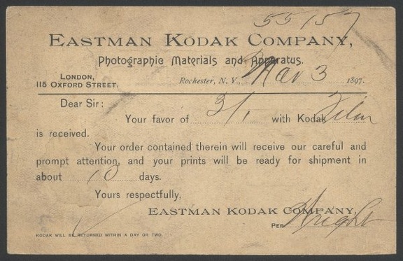 Item no. P274b (postcard)
Type: postcard (back of)
Country: USA
Date of use: 5 March 1897
Postal card (front and back of) adopted for business purposes by the EASTMAN KODAK COMPANY in Rochester (USA).
Item_no._p274b__postcard_.jpg