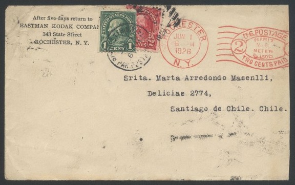 Item no. P291 (cover)
Type: cover
Country: USA
Date of use: 1 June 1926
Business stationery (cover) used by the EASTMAN KODAK COMPANY in Rochester (New York, USA). The letter bears combined postage (meter + stamps) and was used for international correspondence (to Chile). One of the stamps is a perfin i.e. stamp bearing small round holes punched to form the pattern of letters Kk ( Kk for Kodak).
Item_no._p291__cover_.jpg