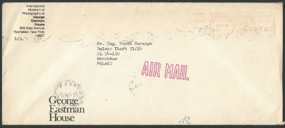 Item no. P31 (cover)
Type: cover
Country: USA
Date of use: April 1988
Business stationery (cover) used by The Internationl Museum of Photography at GEORGE EASTMAN HOUSE, Rochester (New York, USA).
Item_no._p31__cover_.jpg