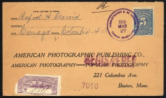 Item no. P203 (cover)
Type: cover
Country: USA
Date of use: 27 March 1916
Business stationery (reply cover) used by the AMERICAN PHOTOGRAPHIC PUBLISHING Co., in Boston (USA), publisher of photographic magazines AMERICAN PHOTOGRAPHY and POPULAR PHOTOGRAPHY.
Item_no._p203__cover_.jpg